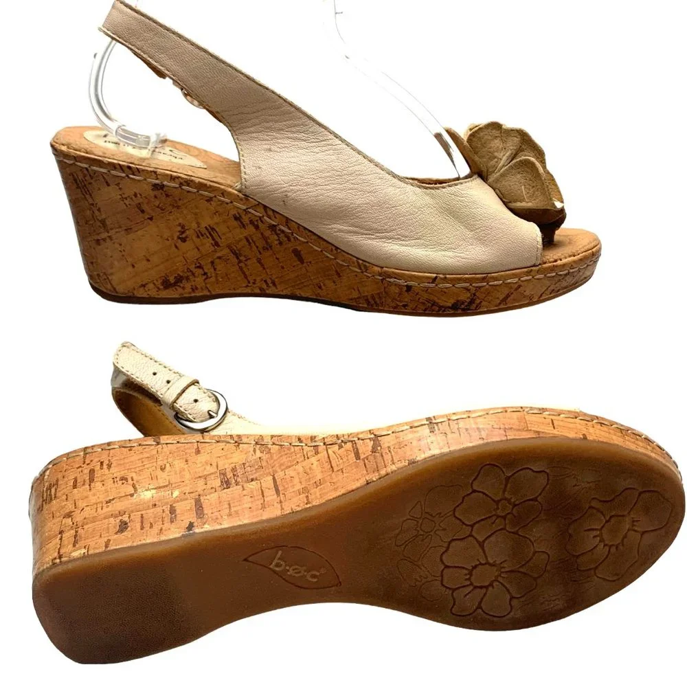 b.o.c‎ C63511 Cream Leather Cork Platform Slingback Wedge Sandal